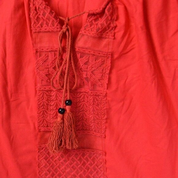 BOHO Red Embroiderd Tie Neck Blouse L - Picture 2 of 2
